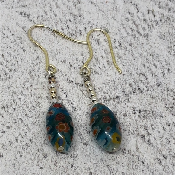 Gold over sterling silver hooks millefiori murano art glass earrings boho - Picture 2 of 5